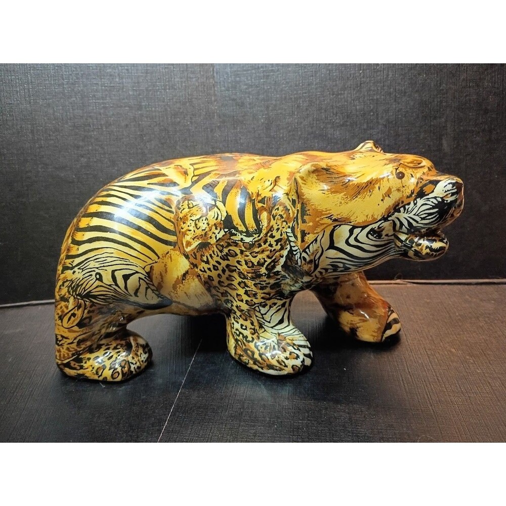 Vintage La Vie Safari Patchwork Bear Figurine Porcelain Wildlife Animal Print 9"